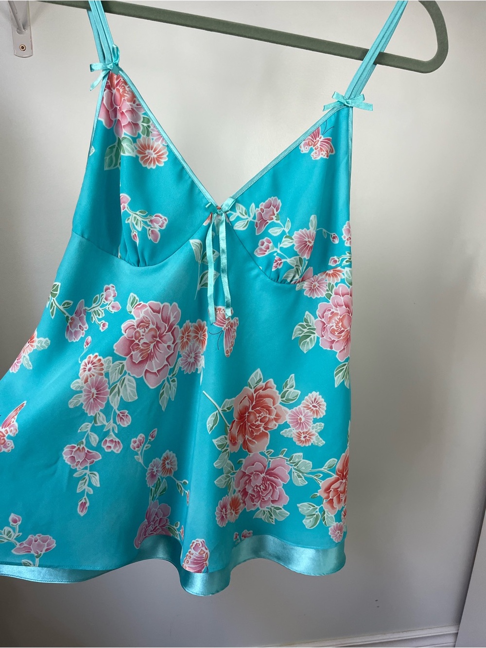 Y2K La Vie En Rose Floral Satin Chemise Slip with Pink Flower Print - Picture 7 of 14